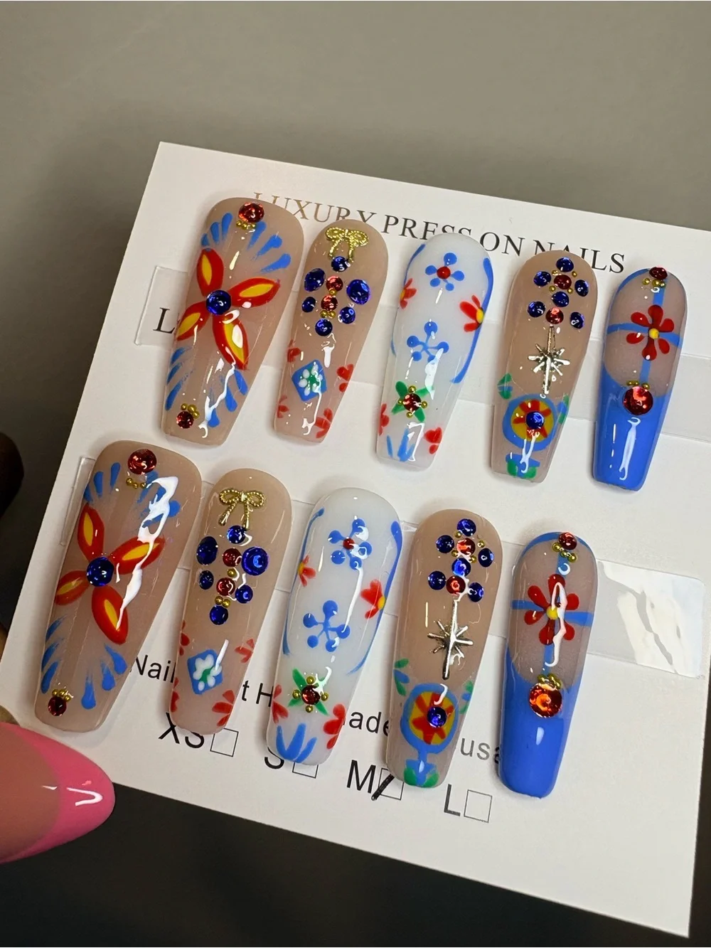 Hand-Painted Floral Press-On Nails - Multi Color